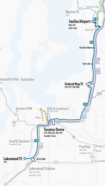 Mapa de los cambios propuestos a la ruta 574 de Sound Transit