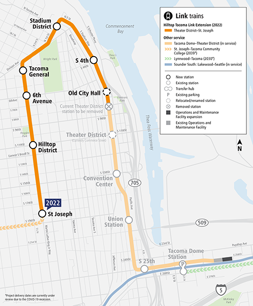 Bản đồ các thay đổi được đề nghị cho lộ trình Sound Transit Tacoma Link.